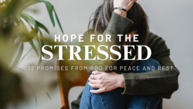 A person sits curled up on a chair with their head resting on their arm, appearing overwhelmed or stressed. Text on the image reads: ‘Hope for the Stressed’ and ‘12 Promises from God for Peace and Rest.’
